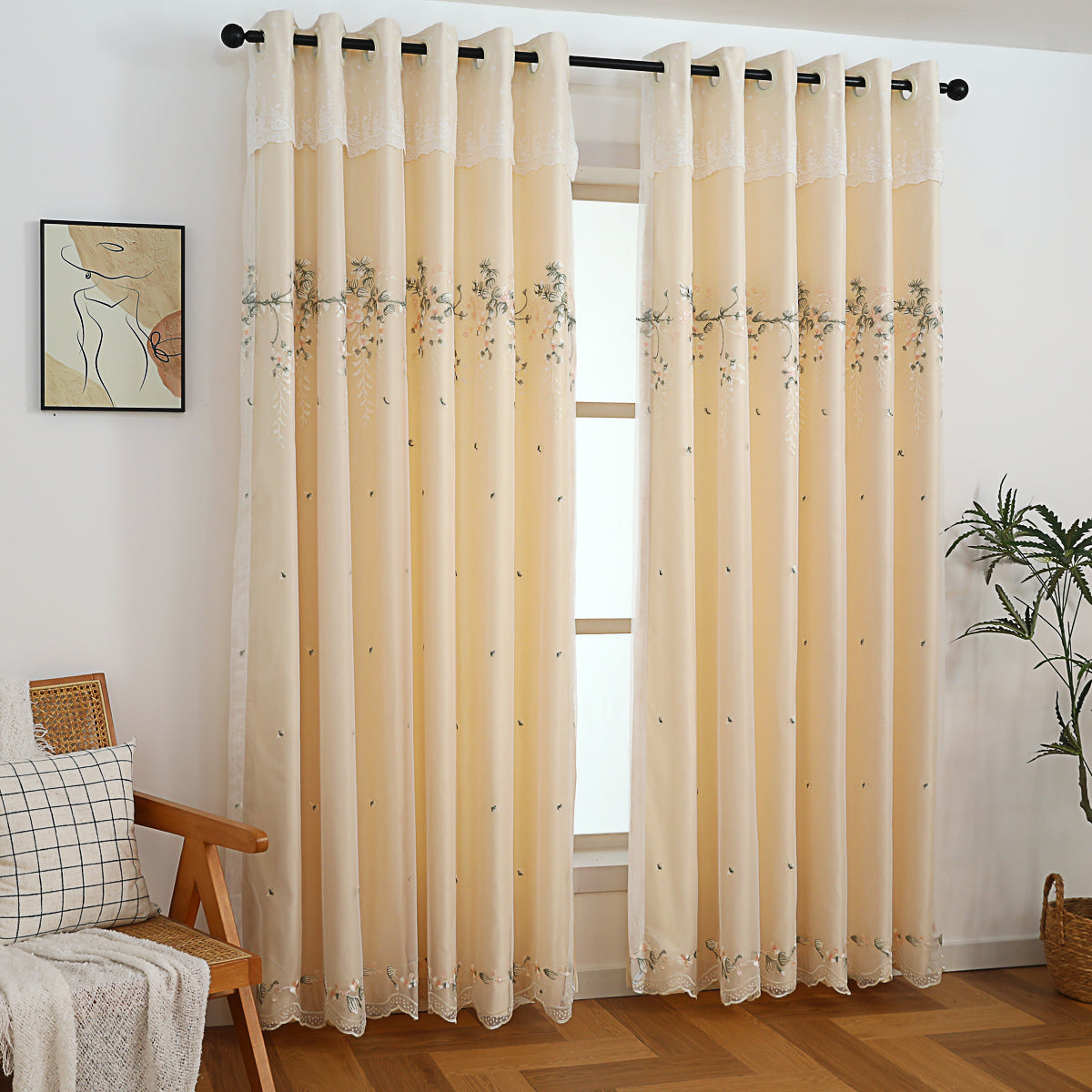 Tipsy Champagne Floral Double Layer Curtain