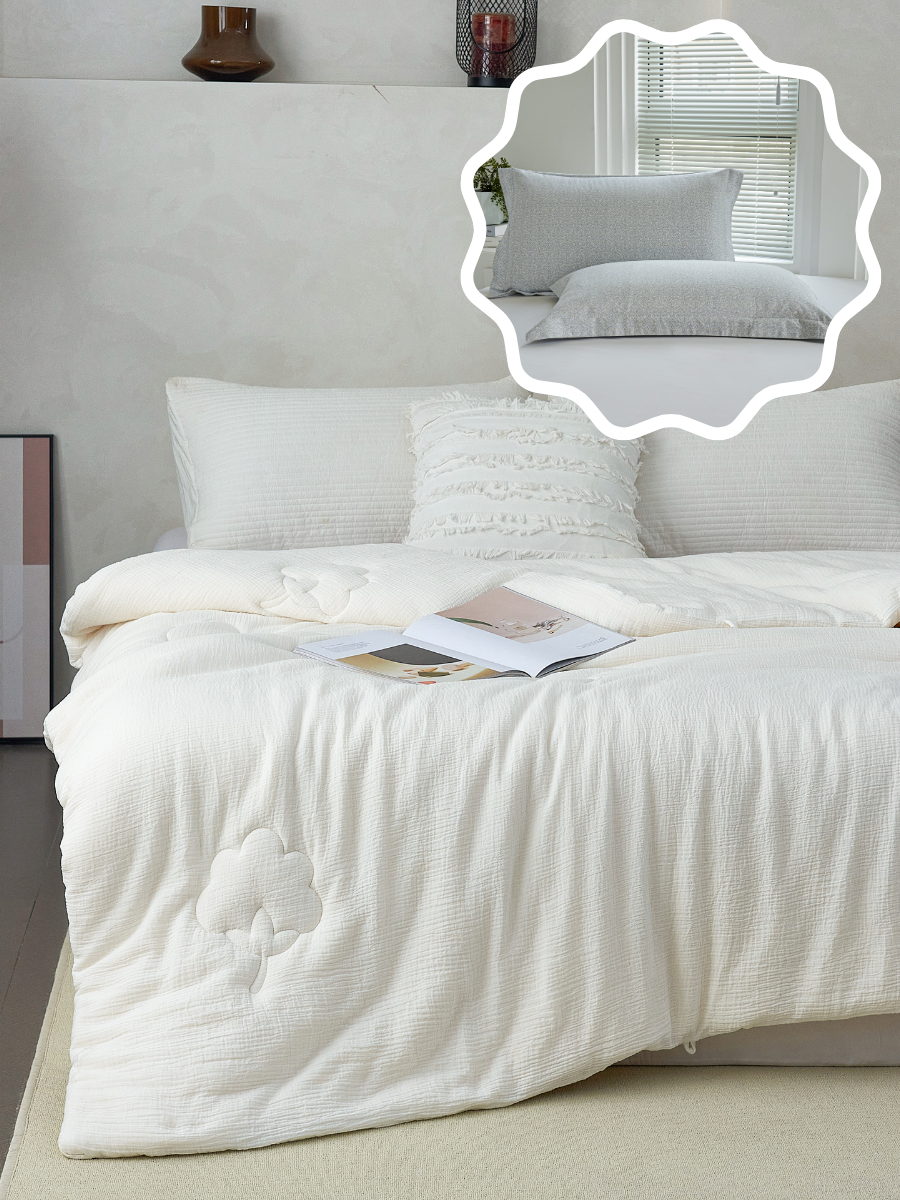 【网一特惠套组】天然棉花四季被 + 欧米伽-克莱因蓝 全棉枕套