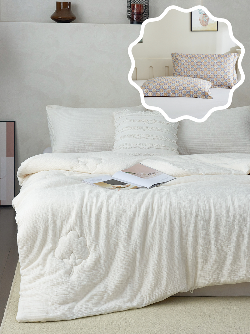 【网一特惠套组】天然棉花四季被 + 暖阳金 长绒棉枕套​