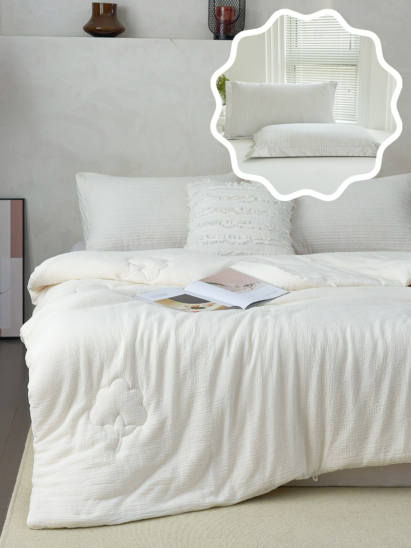 【网一特惠套组】天然棉花四季被 + 爱她-慕白 全棉枕套