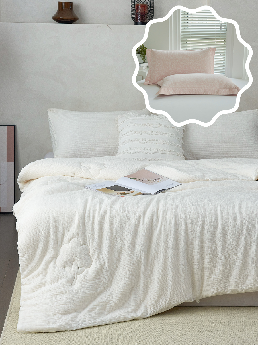 【网一特惠套组】天然棉花四季被 + 凯-黛玉粉 全棉枕套