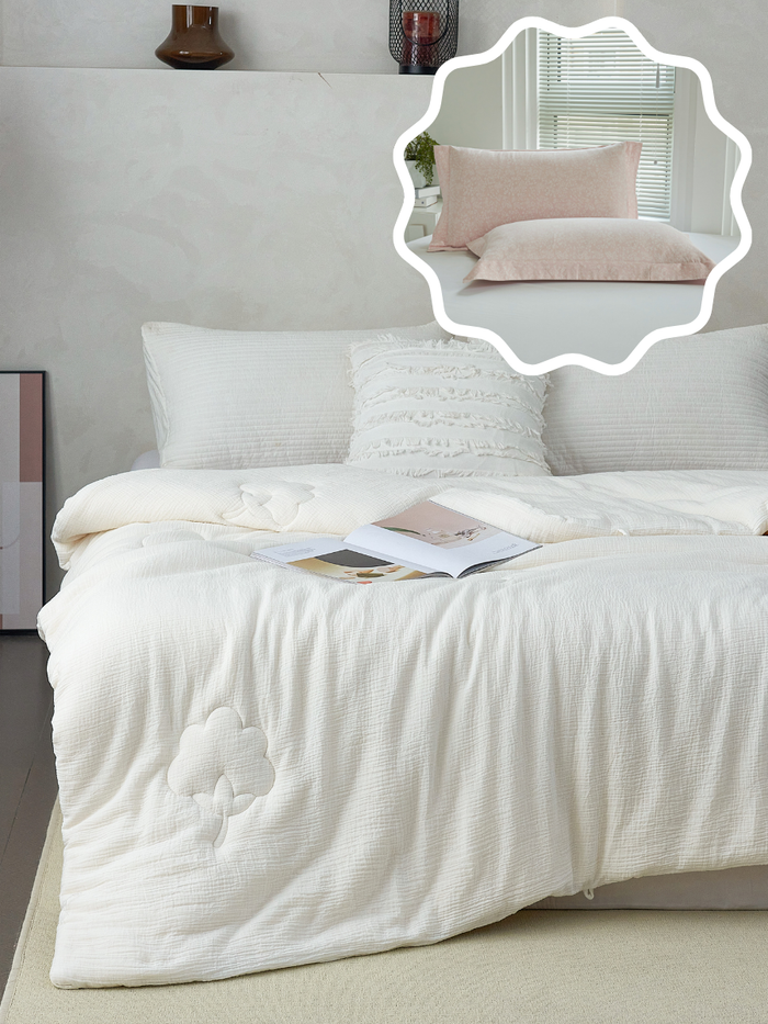 【网一特惠套组】天然棉花四季被 + 凯-黛玉粉 全棉枕套