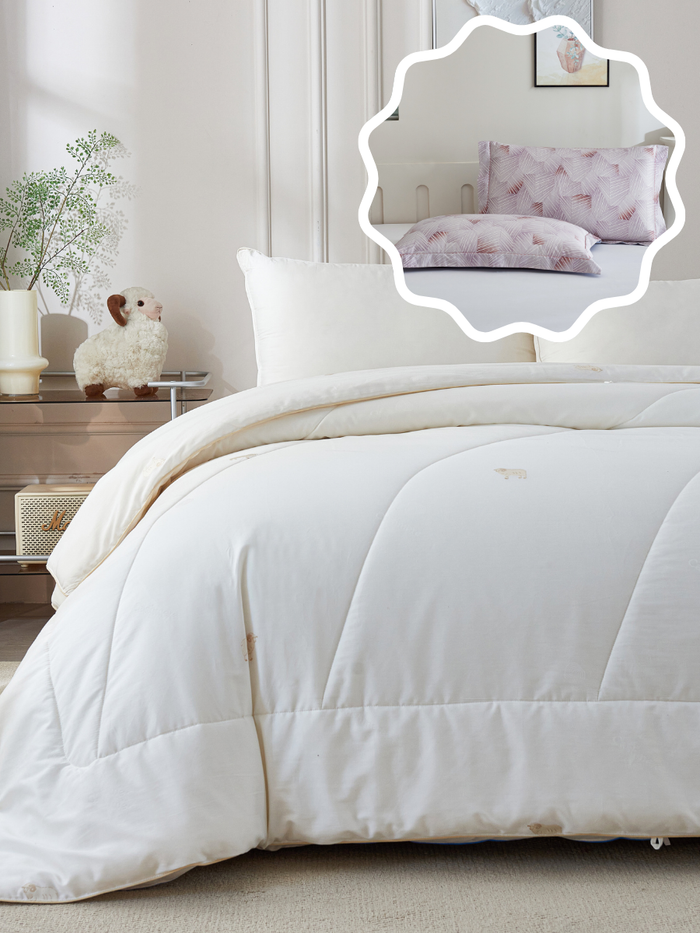 【网一特惠套组】绵羊绒四季被 + 大地棕 长绒棉枕套​