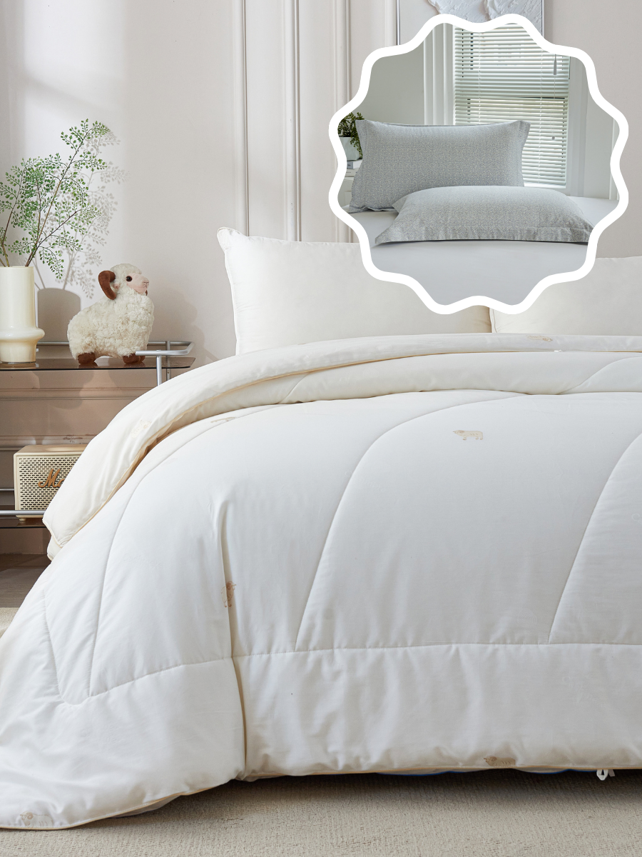 【网一特惠套组】绵羊绒四季被 + 欧米伽-克莱因蓝 全棉枕套