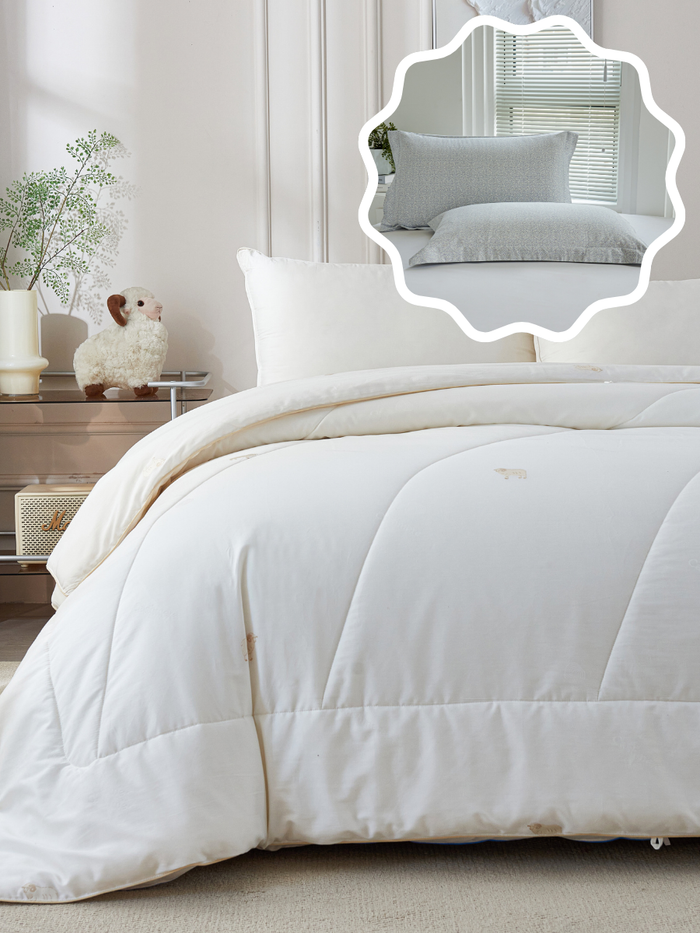 【网一特惠套组】绵羊绒四季被 + 欧米伽-克莱因蓝 全棉枕套