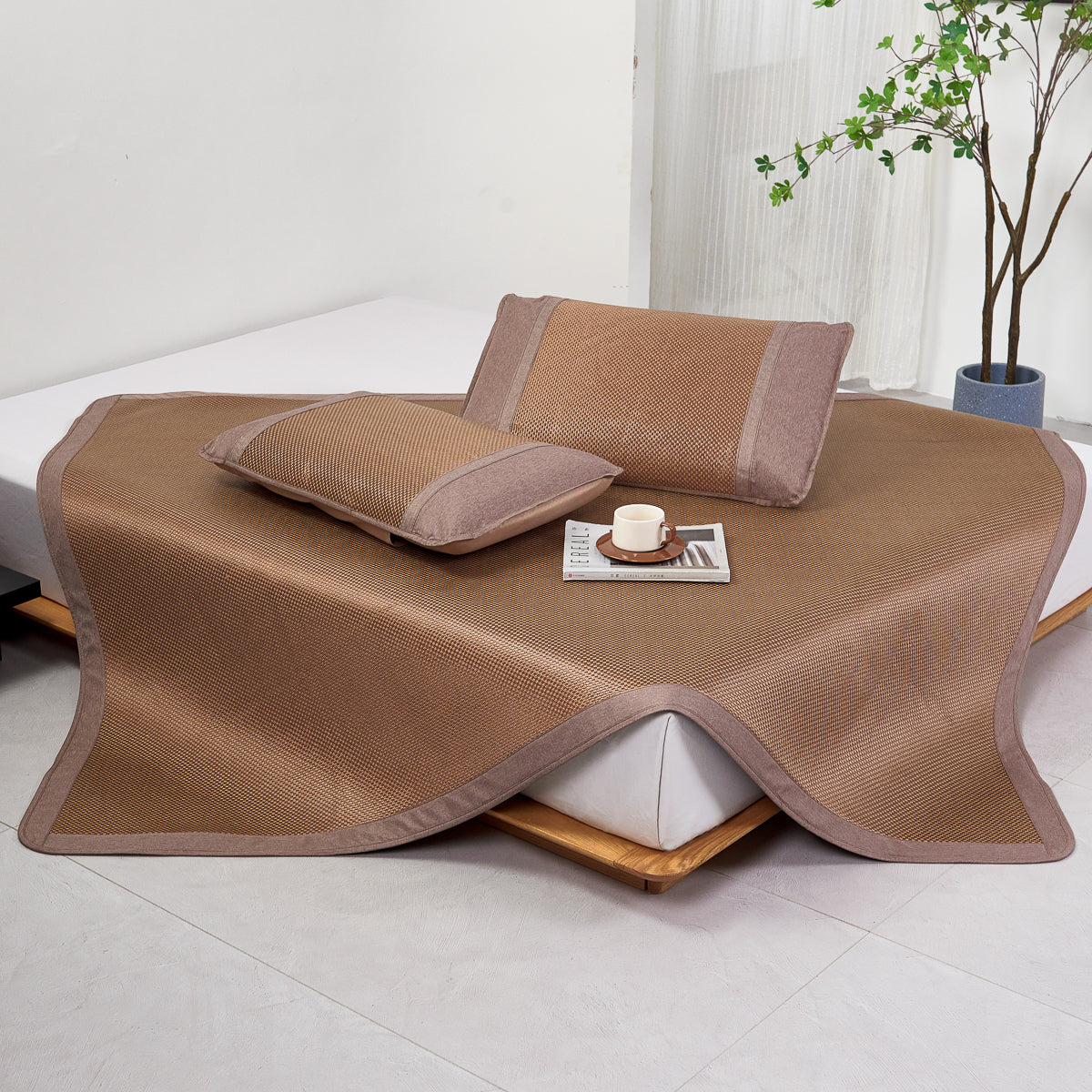 Plaid Bing Si Rattan Summer Mattress Topper Set (Tan Brown)